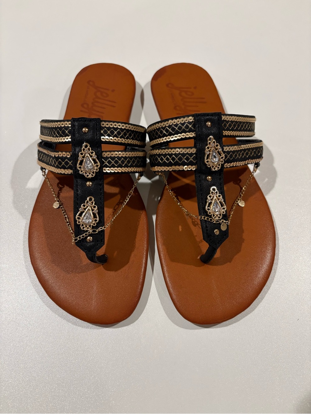 Black & Brown Embellished Women's Toe-Post Sandals